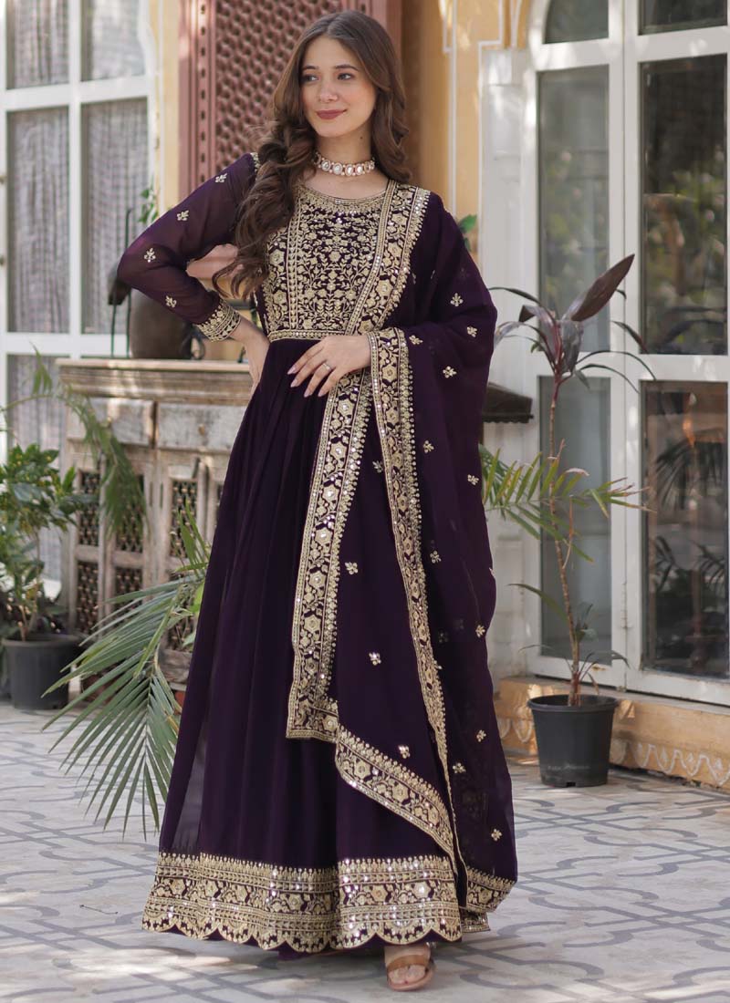 Wine Faux Blooming Embroidered Sequence Gown with Dupatta