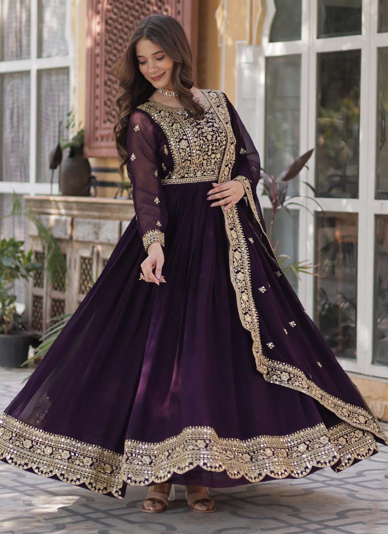 Wine Faux Blooming Embroidered Sequence Gown with Dupatta