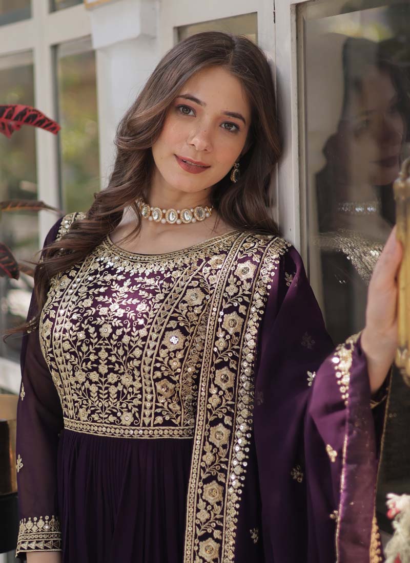 Wine Faux Blooming Embroidered Sequence Gown with Dupatta