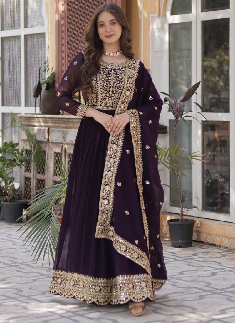 Wine Faux Blooming sequence embroidered gown