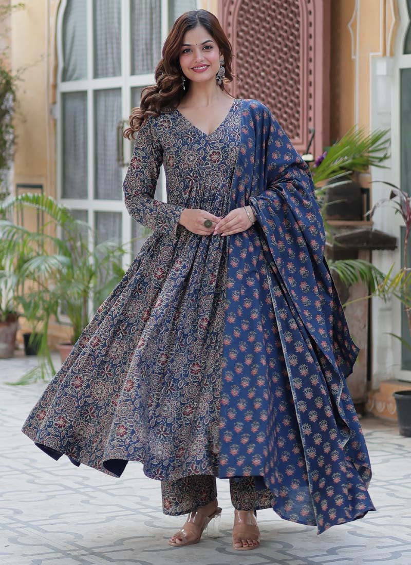 Blue pure cotton designer salwar suit with 52-inch length top