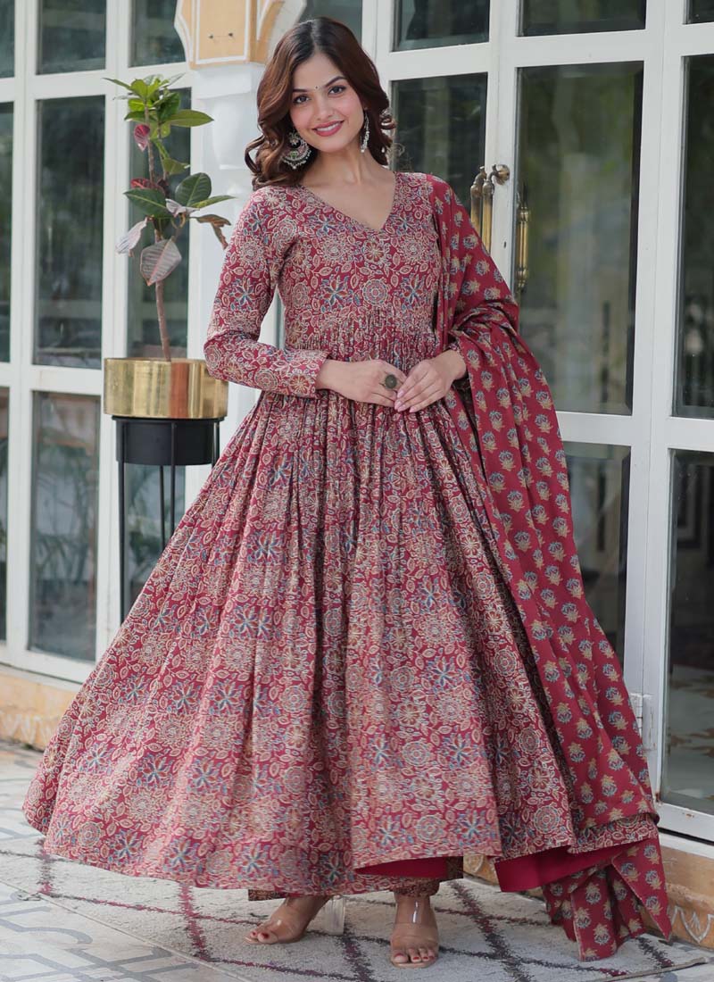 Maroon Pure Cotton Designer Salwar Suit Set