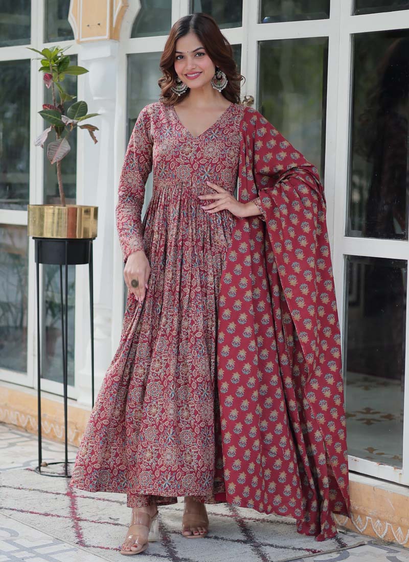 Maroon pure cotton designer salwar suit with a long 52-inch top.
