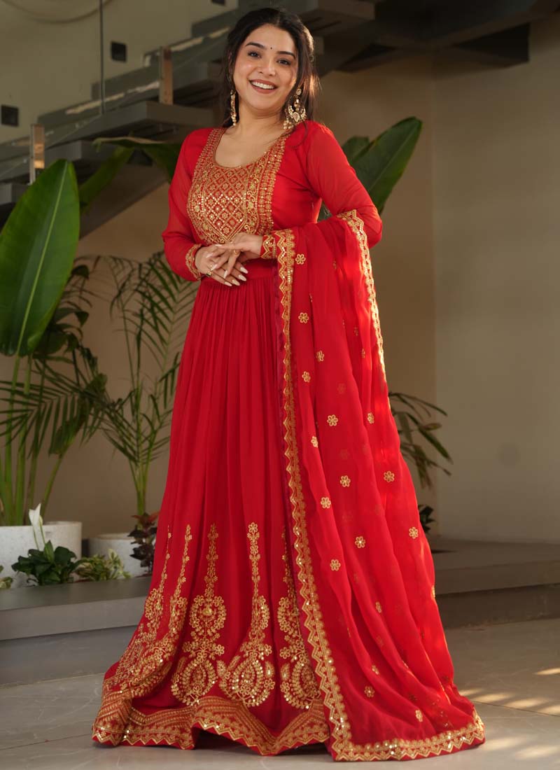 Red Georgette Embroidered Gown with Matching Dupatta Set
