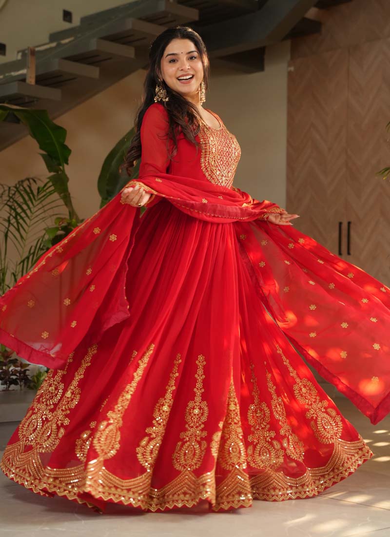 Red Georgette Embroidered Gown with Matching Dupatta Set