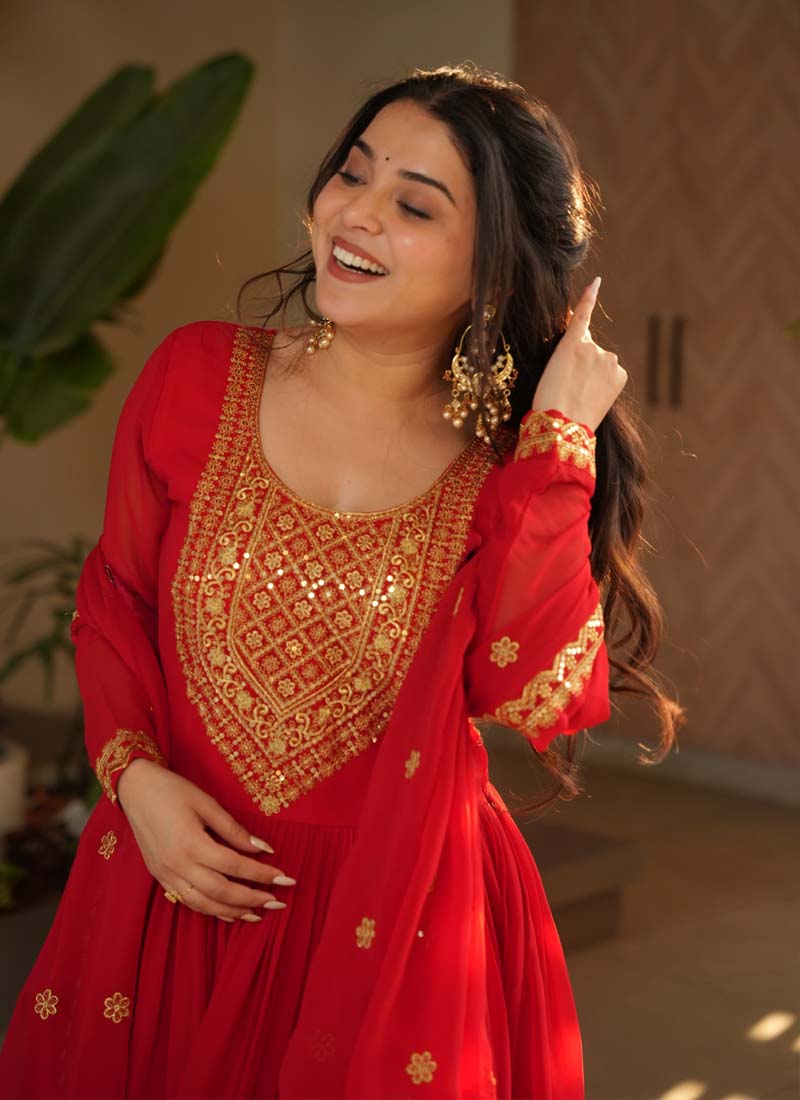 Red Georgette Embroidered Gown with Matching Dupatta Set