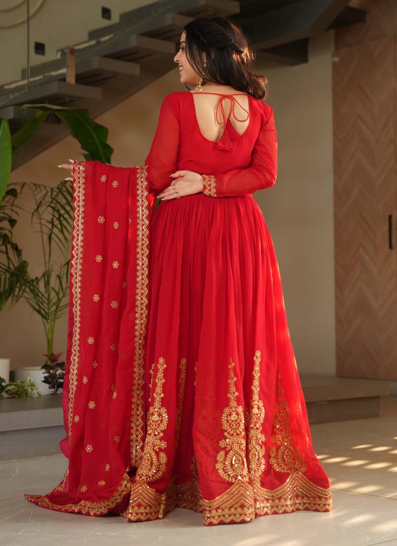 Red Georgette Embroidered Gown with Matching Dupatta Set