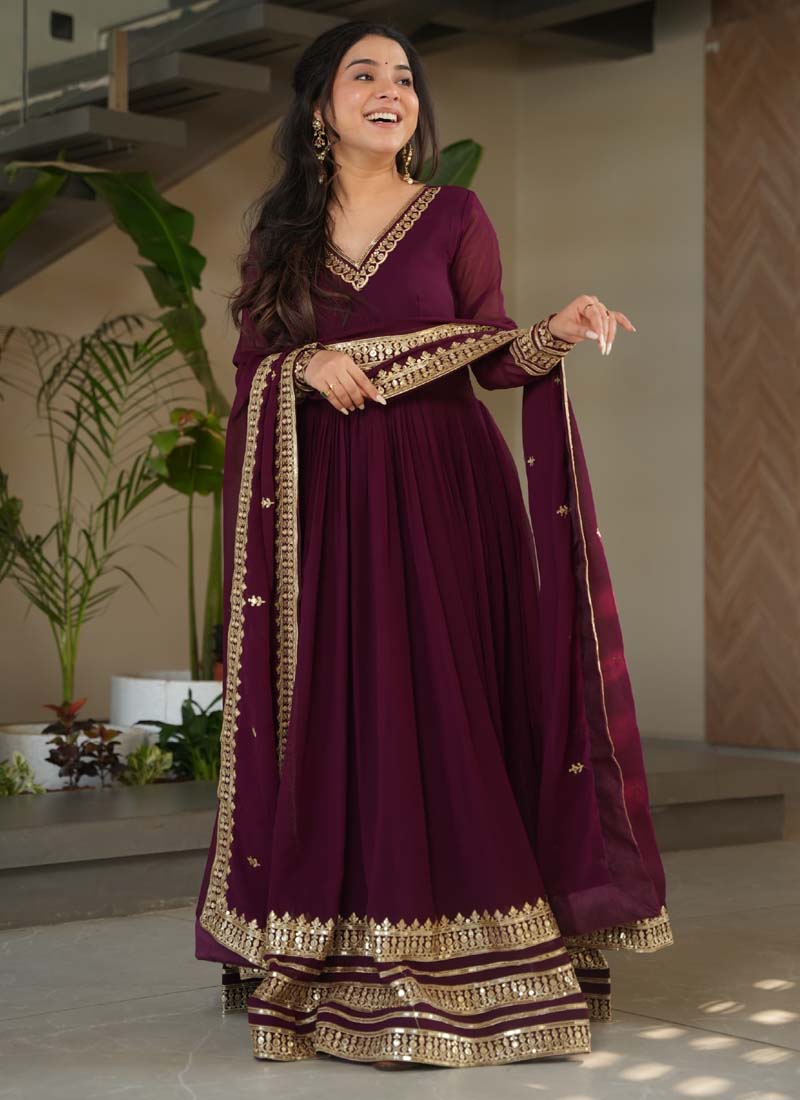 Wine Faux Blooming Embroidered Sequence Gown with Dupatta
