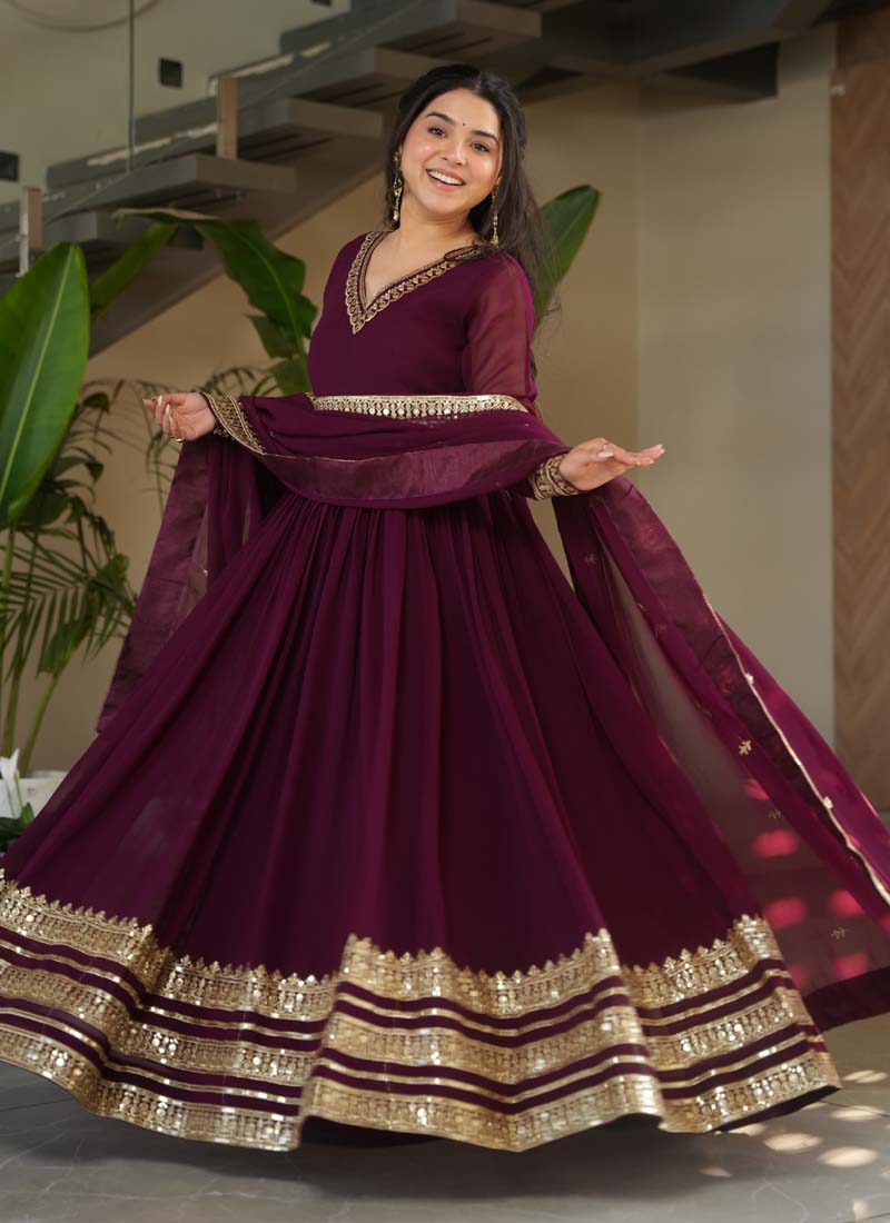 Wine Faux Blooming Embroidered Sequence Gown with Dupatta