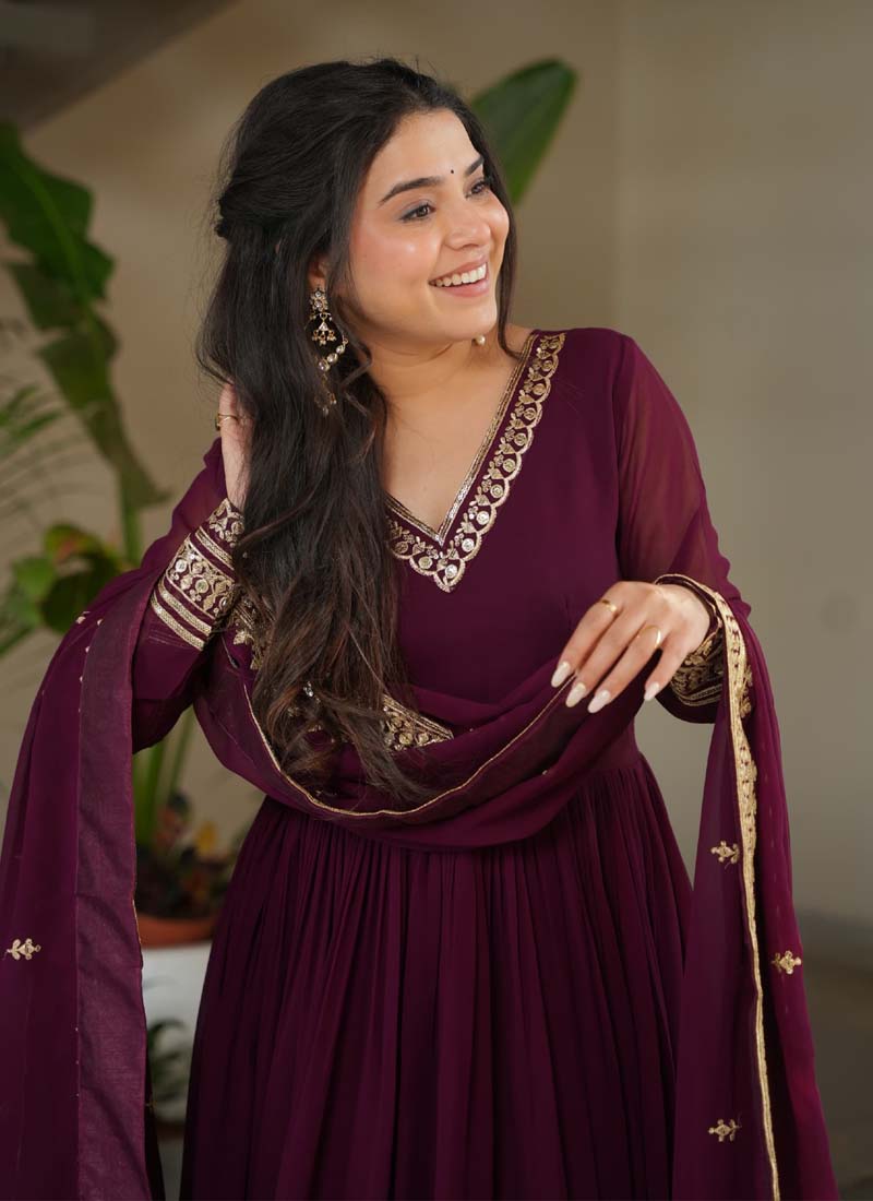 Wine Faux Blooming Embroidered Sequence Gown with Dupatta