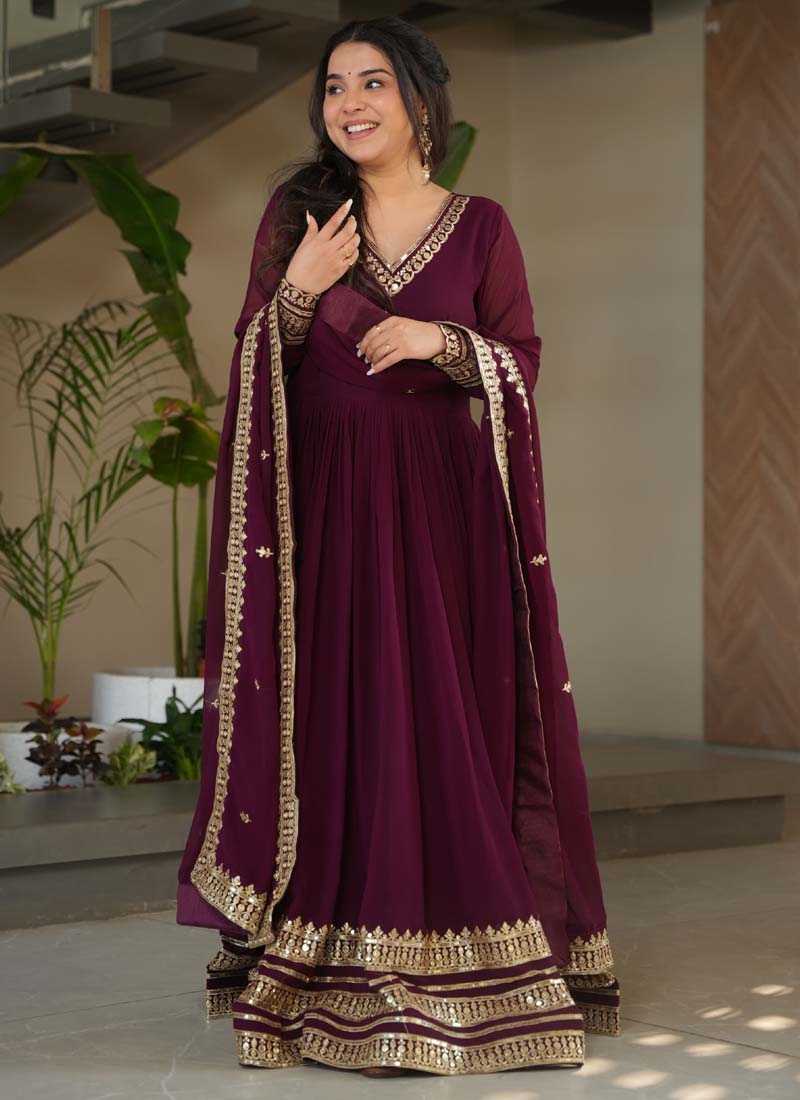 Wine Faux Blooming gown with sequence work and embroidery