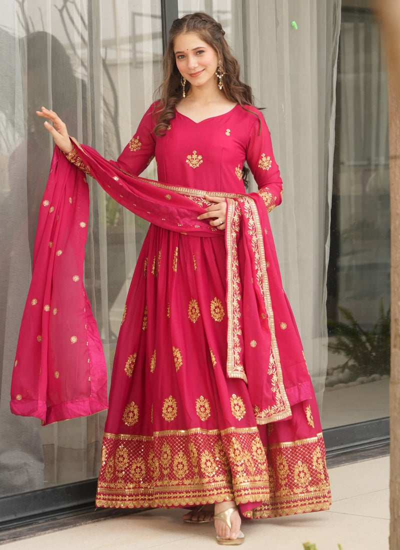 Red Star Georgette Embroidered Gown with Dupatta Set
