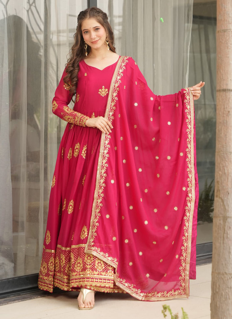 Red Star Georgette Embroidered Gown with Dupatta Set