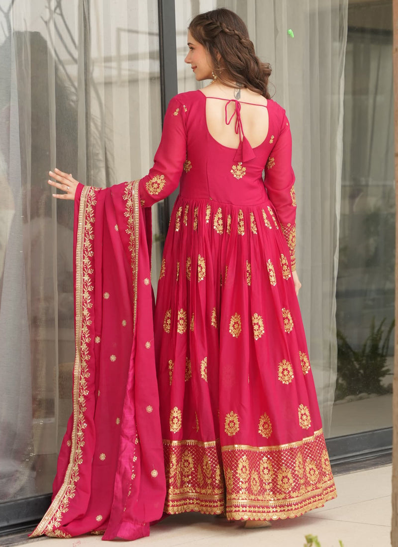 Red Star Georgette Embroidered Gown with Dupatta Set