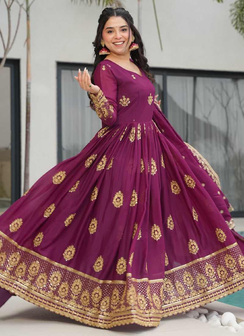 Prazu Fashion Wine Georgette Embroidered Gown With Dupatta