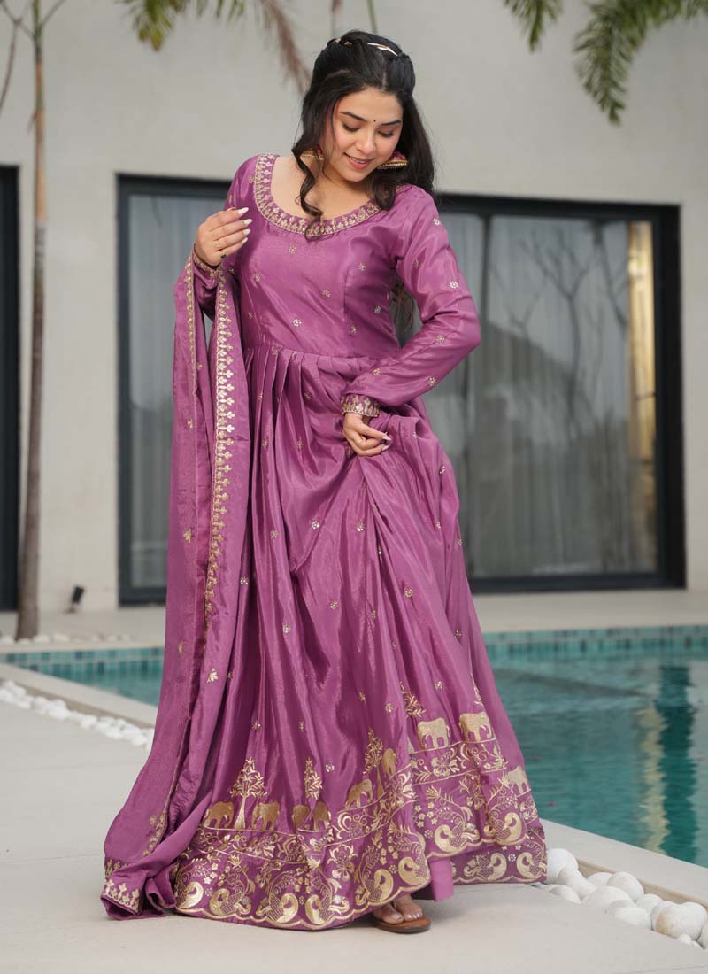 Onion Pink Chinon Silk Sequence Embroidered Gown With Dupatta