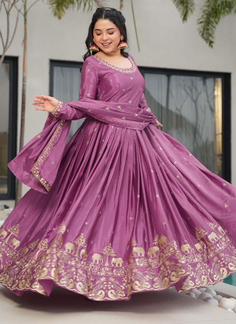 Onion Pink Chinon Silk Sequence Embroidered Gown With Dupatta
