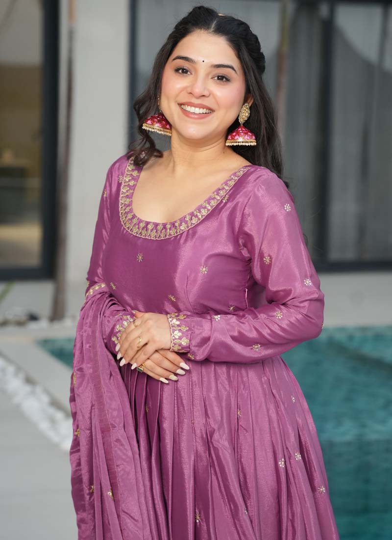Onion Pink Chinon Silk Sequence Embroidered Gown With Dupatta