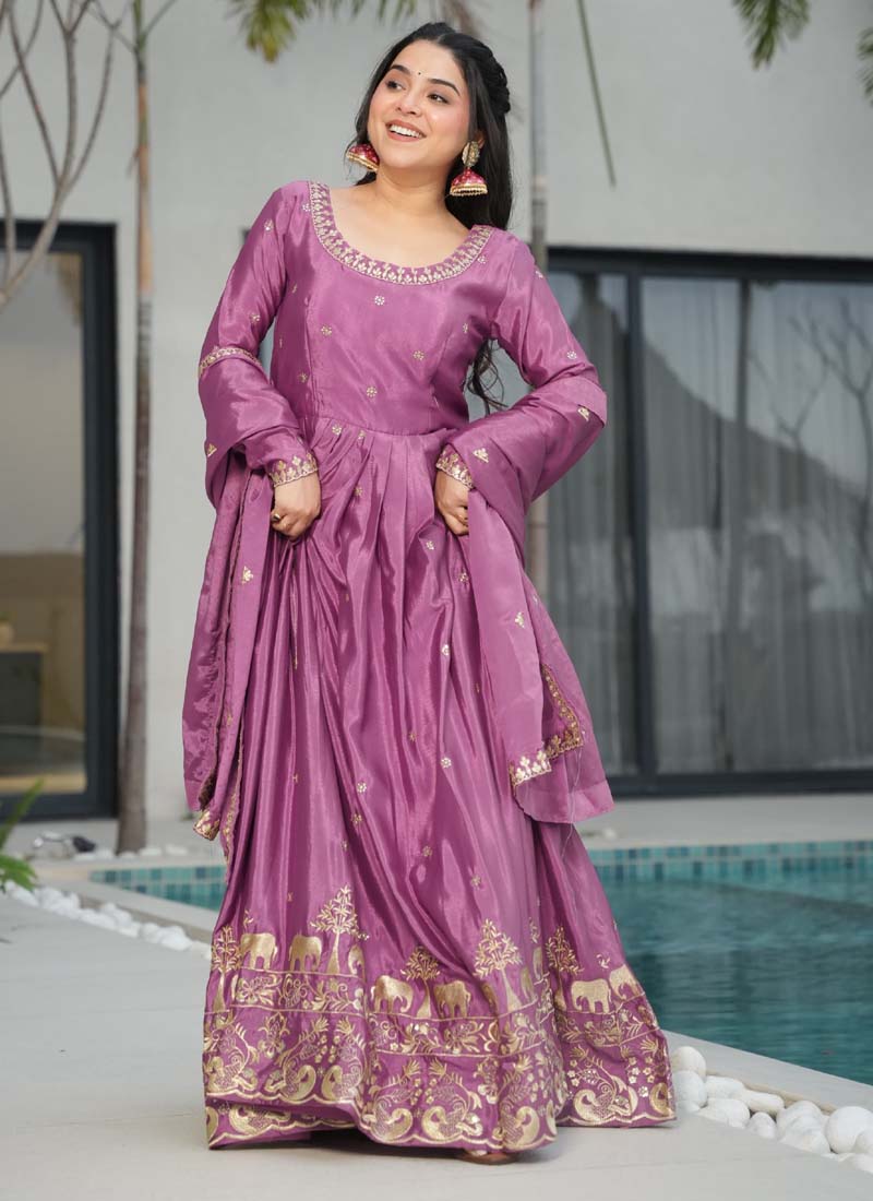 Elegant onion pink chinon silk gown featuring intricate sequence embroidery with dupatta
