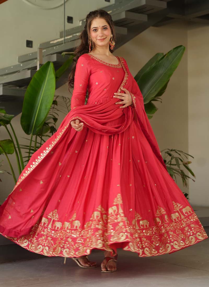 Peach Red Chinon Silk Embroidered Sequence Gown with Dupatta