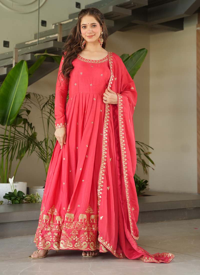 Peach Red Chinon Silk Embroidered Sequence Gown with Dupatta