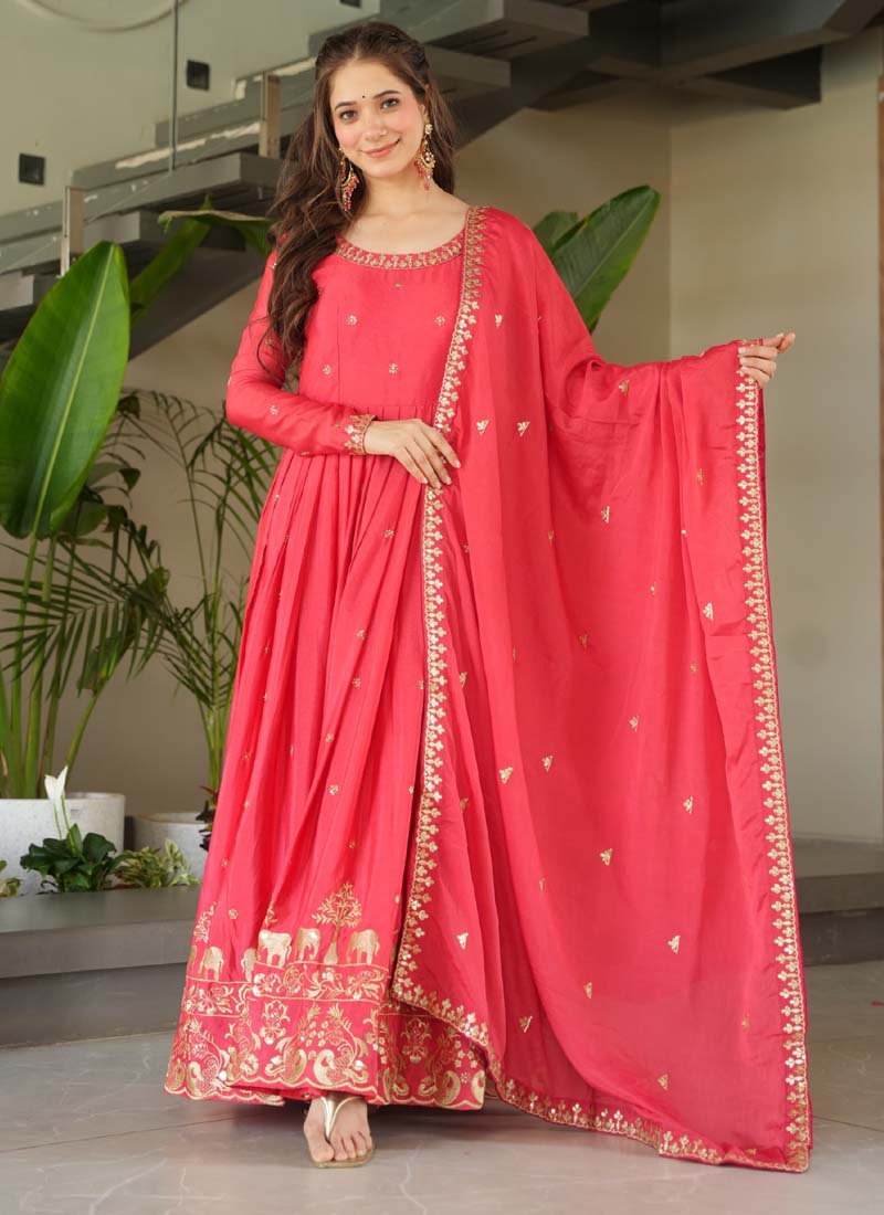 Peach Red Chinon Silk Embroidered Sequence Gown with Dupatta