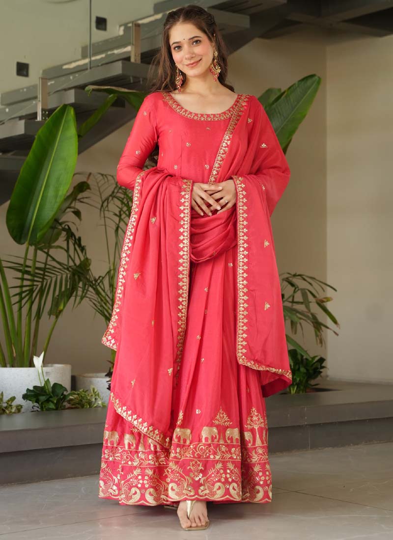 Peach Red Chinon Silk sequence gown with dupatta