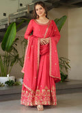 Peach Red Chinon Silk sequence gown with dupatta