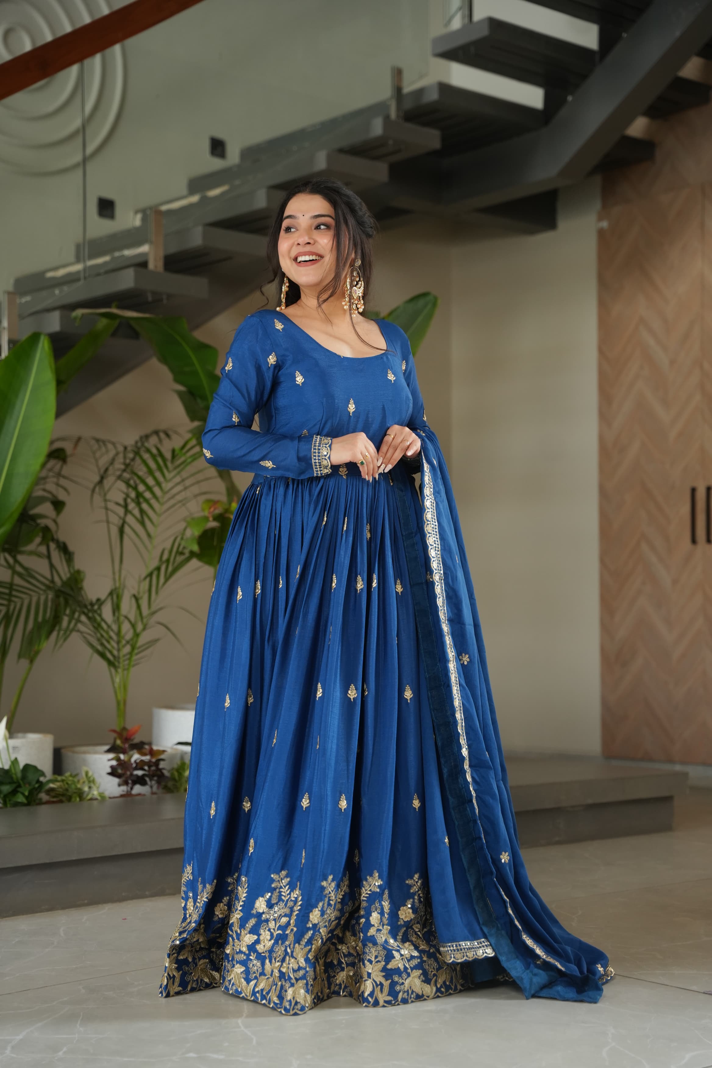 Blue Chinon Silk Embroidered Zari Gown with Dupatta Set
