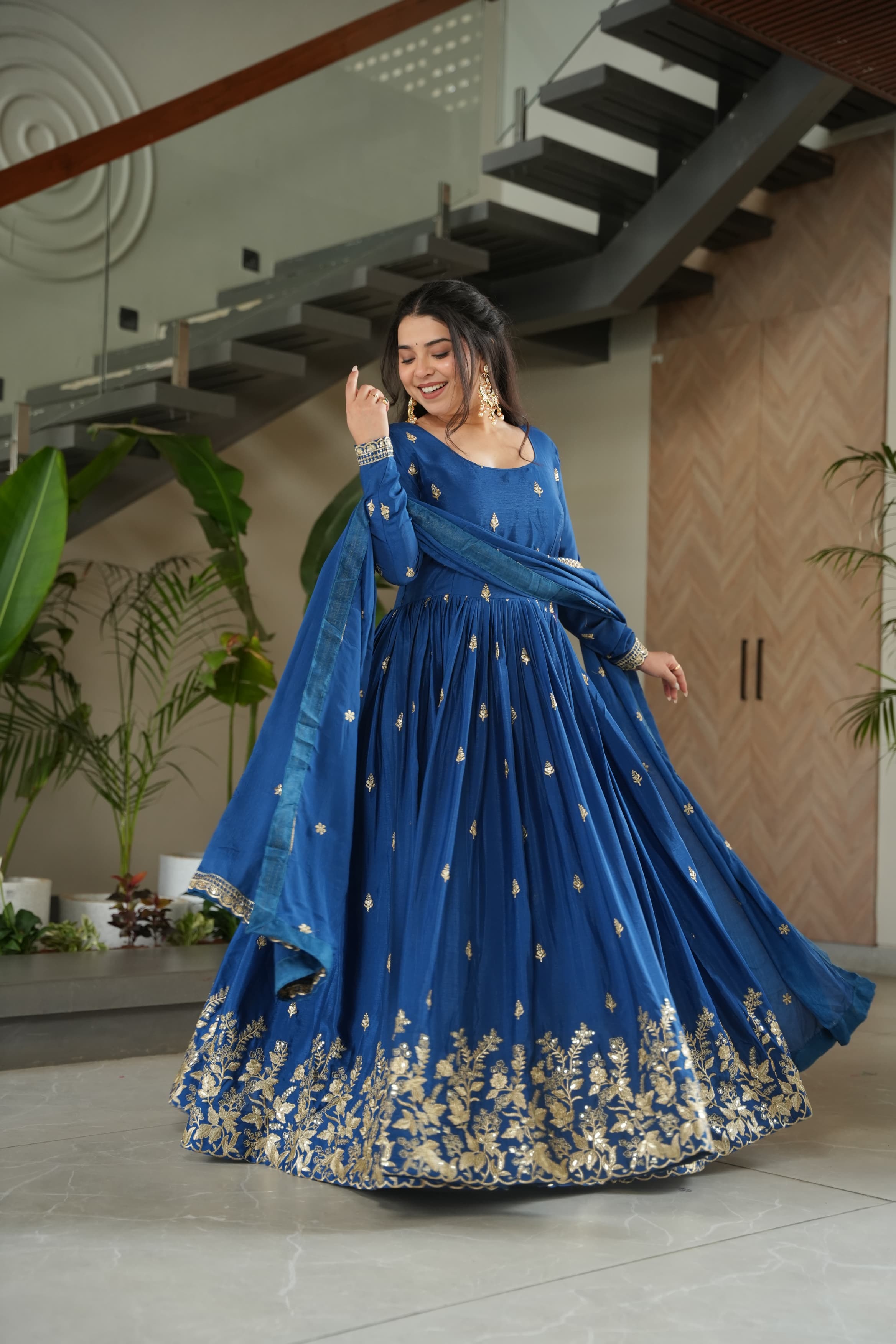 Blue Chinon Silk Embroidered Zari Gown with Dupatta Set