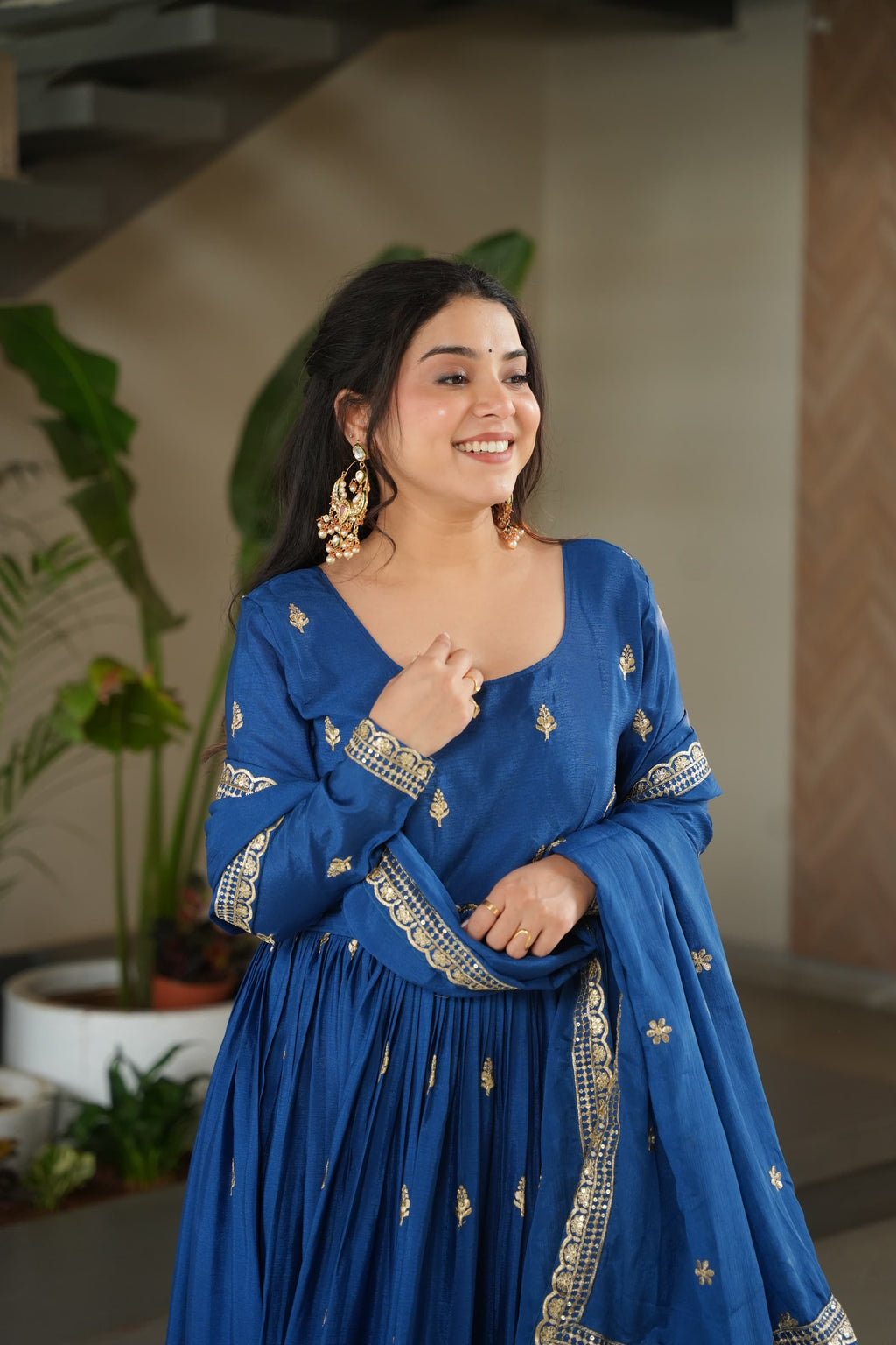 Blue Chinon Silk Embroidered Zari Gown with Dupatta Set