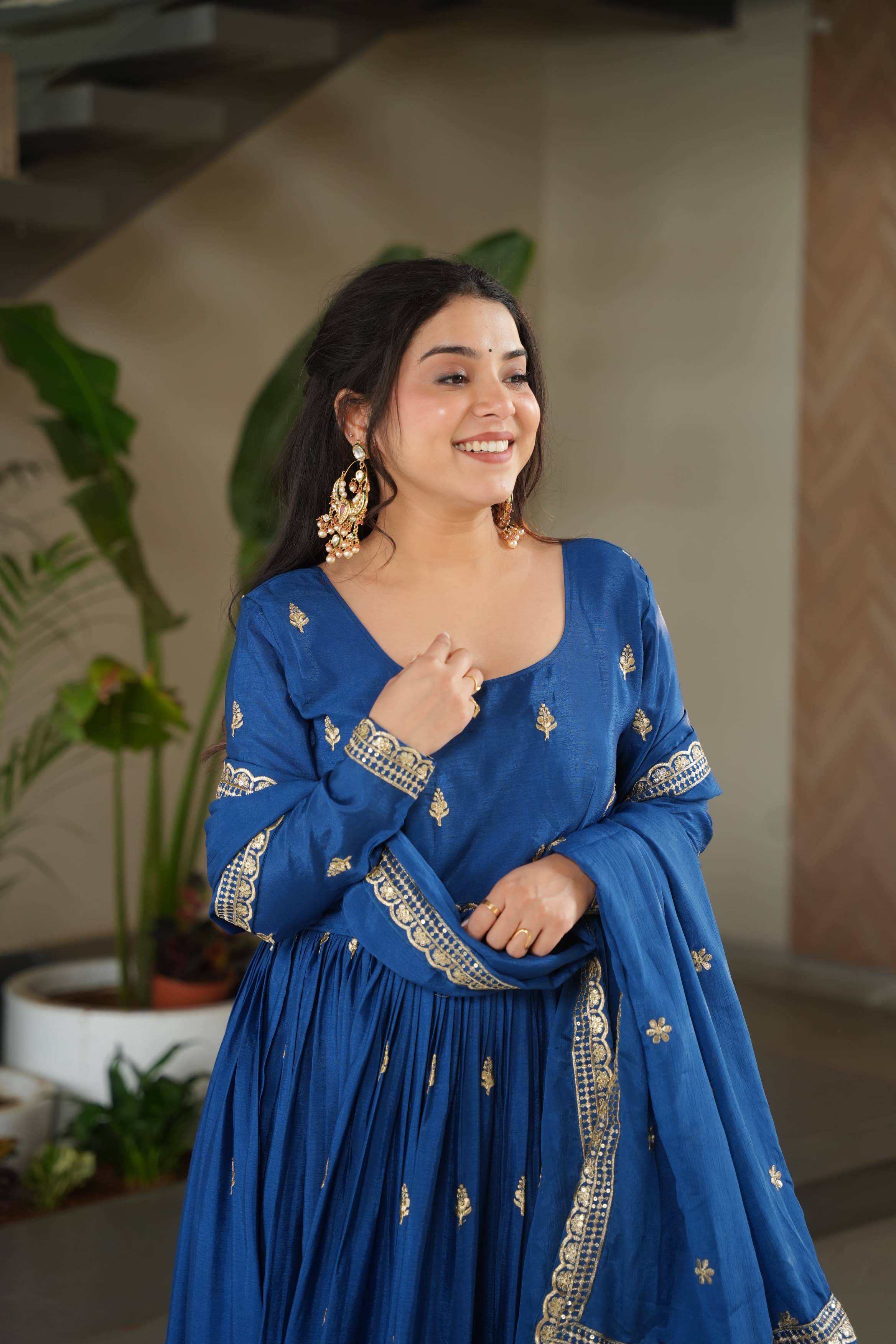 Blue Chinon Silk Embroidered Zari Gown with Dupatta Set