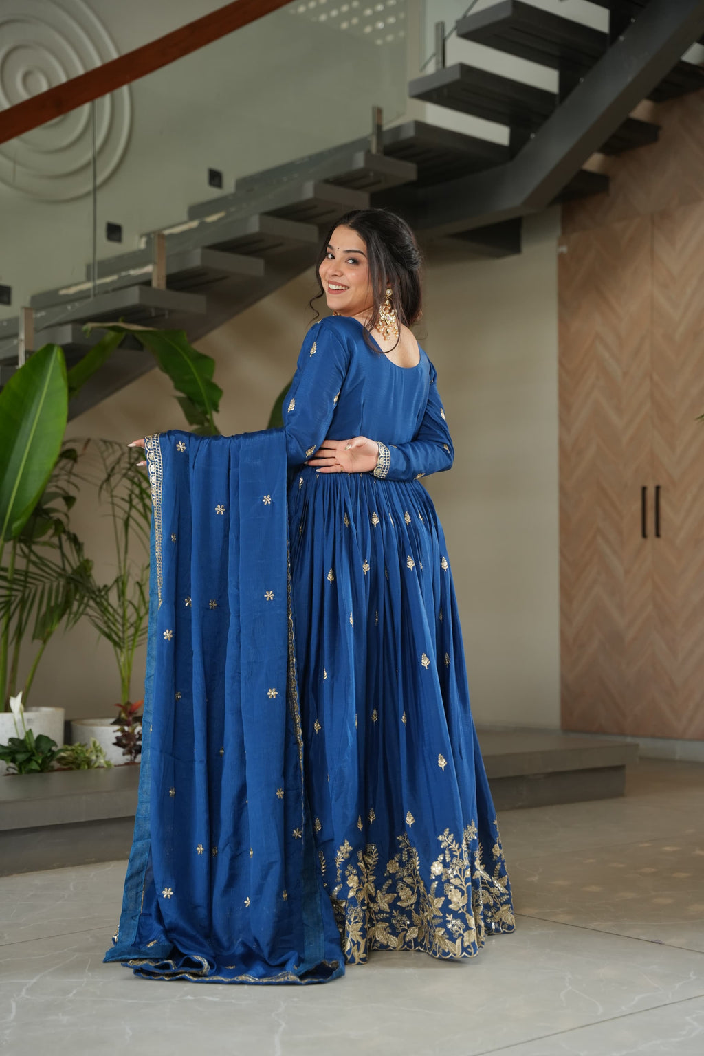 Blue Chinon Silk Embroidered Zari Gown with Dupatta Set