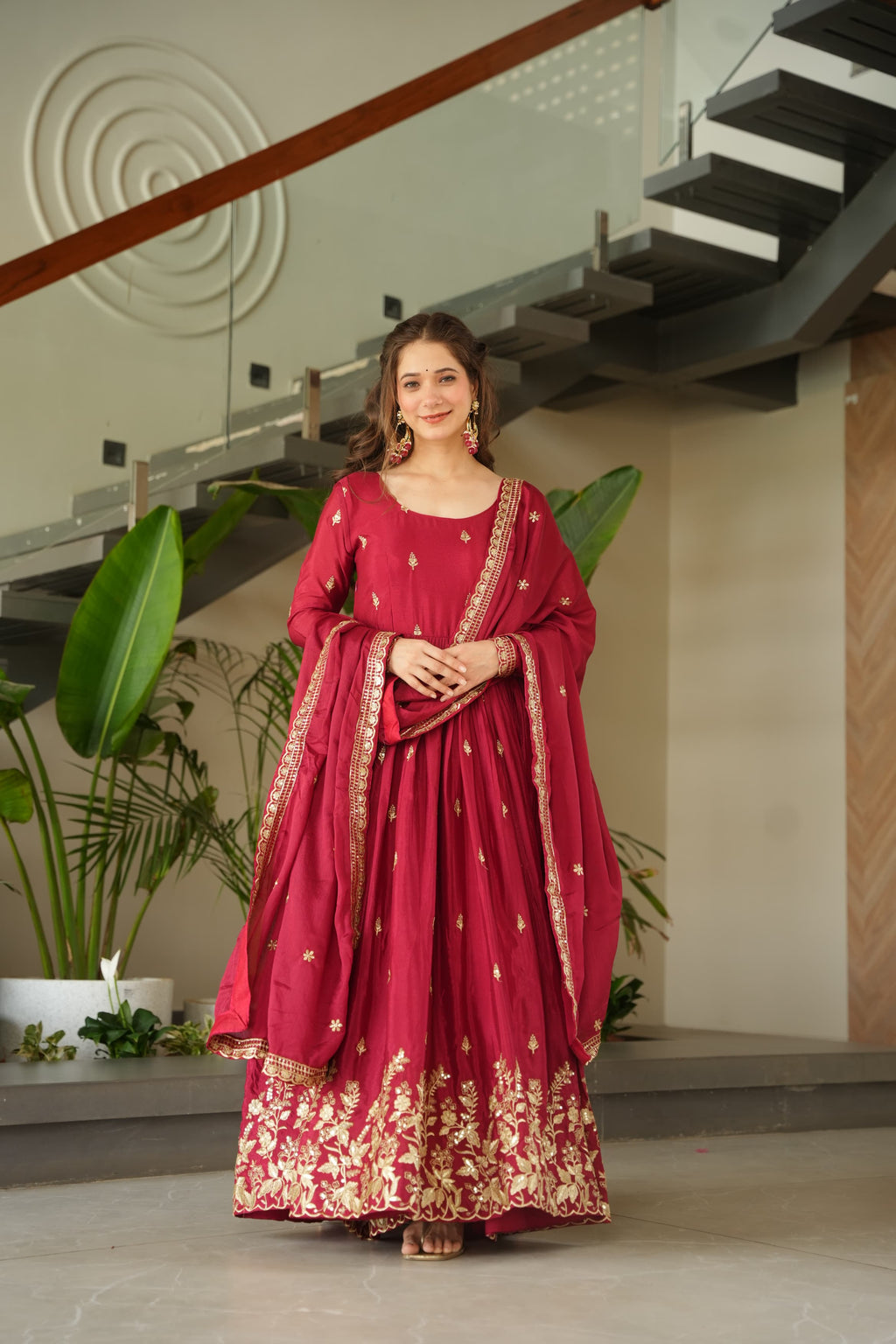 Red Chinnon Gown with Embroidery Zari and Sequins Work