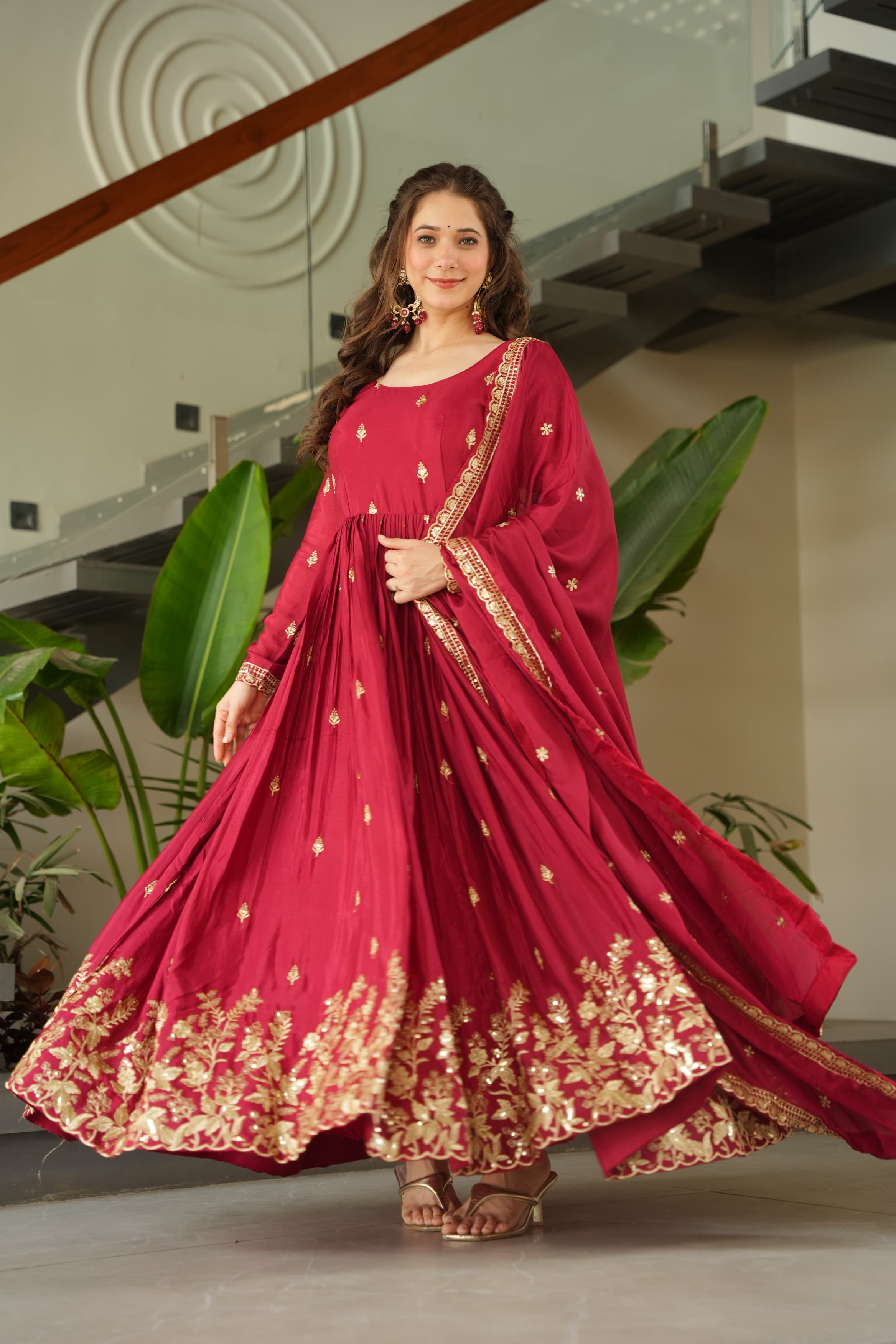 Red Chinnon Gown with Embroidery Zari and Sequins Work