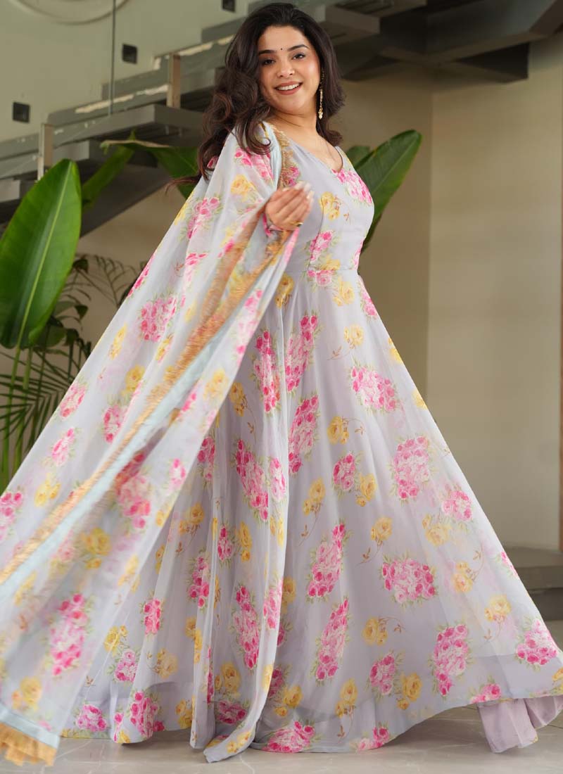 Light Grey Georgette Digital Printed Gown With Matching Dupatta