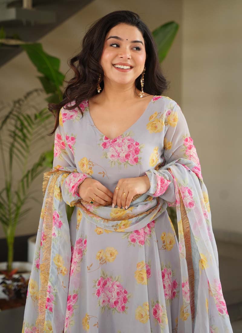 Light Grey Georgette Digital Printed Gown With Matching Dupatta
