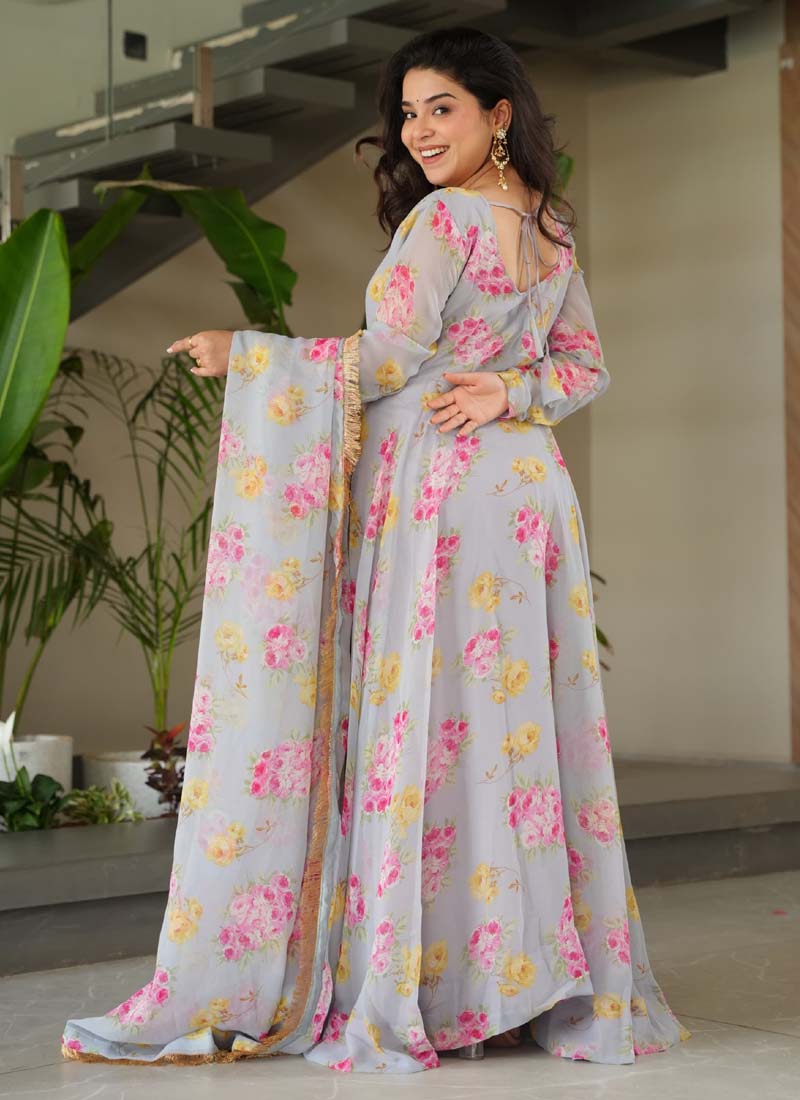 Light Grey Georgette Digital Printed Gown With Matching Dupatta