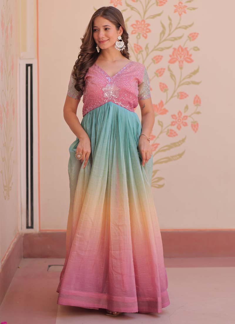Multi Color Georgette Embroidered Gown with Beaded Details