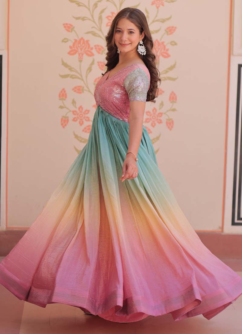 Multi Color Georgette Embroidered Gown with Beaded Details