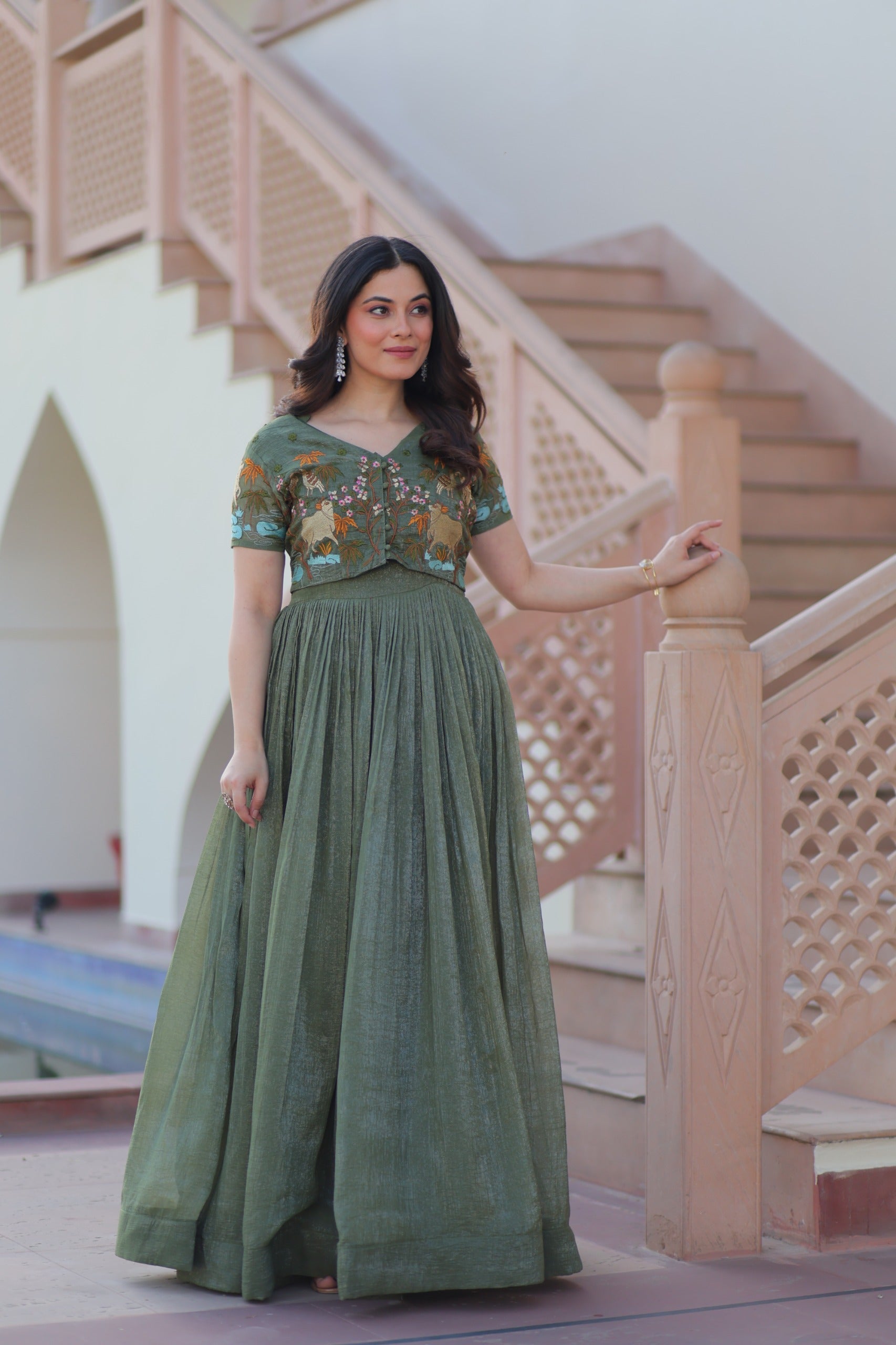Mahendi Silver Crunchy Embroidered Gown with Koti