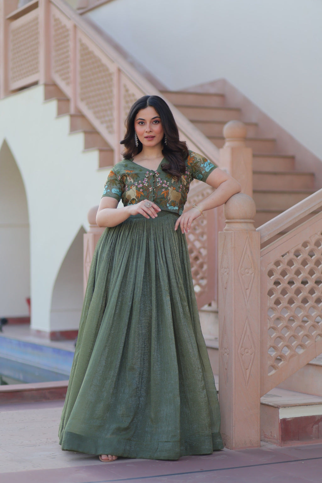 Mahendi Silver Crunchy Embroidered Gown with Koti