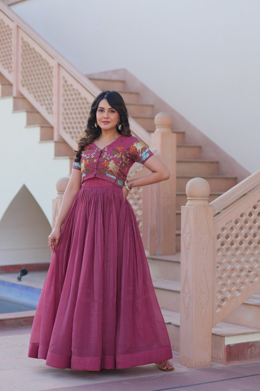 Onion Pink Silver Crunchy Fabric Embroidered Gown with Koti