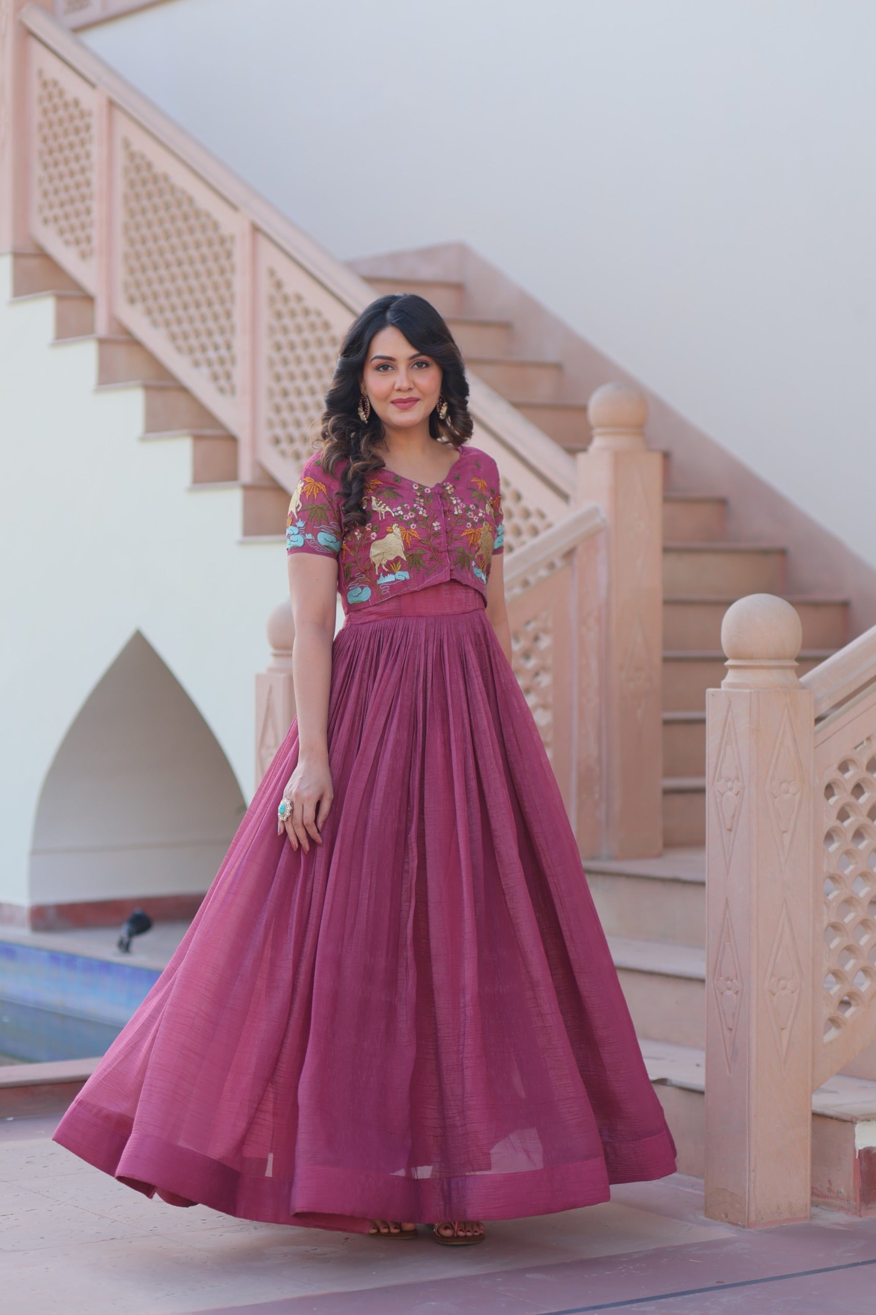 Onion Pink Silver Crunchy Fabric Embroidered Gown with Koti