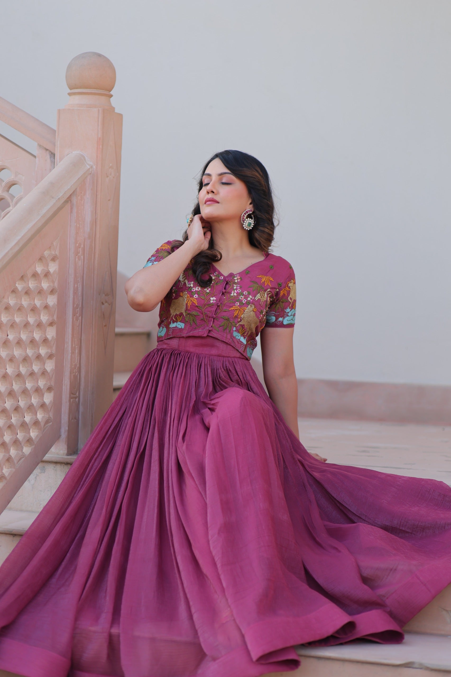 Onion Pink Silver Crunchy Fabric Embroidered Gown with Koti