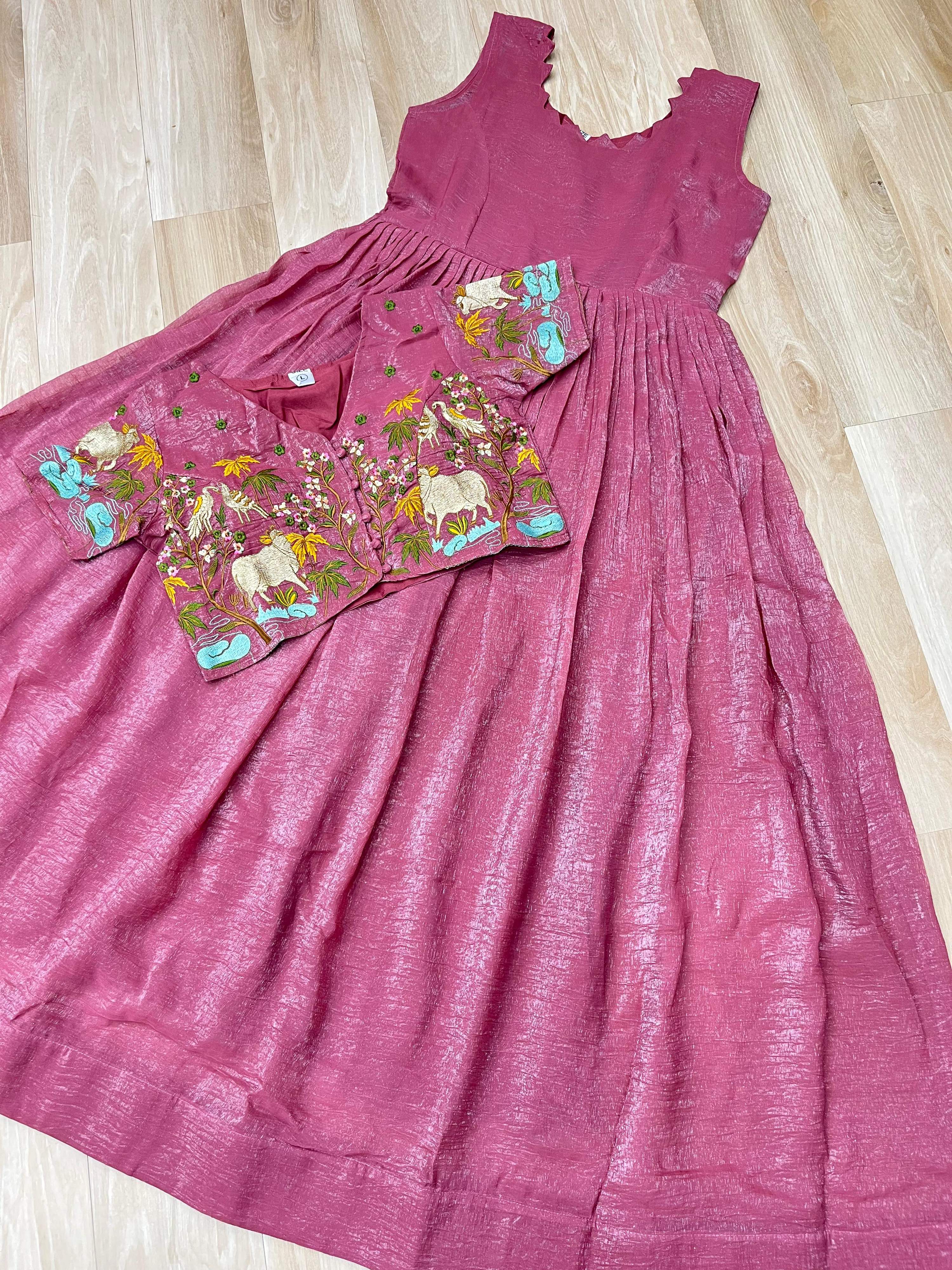 Onion Pink Silver Crunchy Fabric Embroidered Gown with Koti