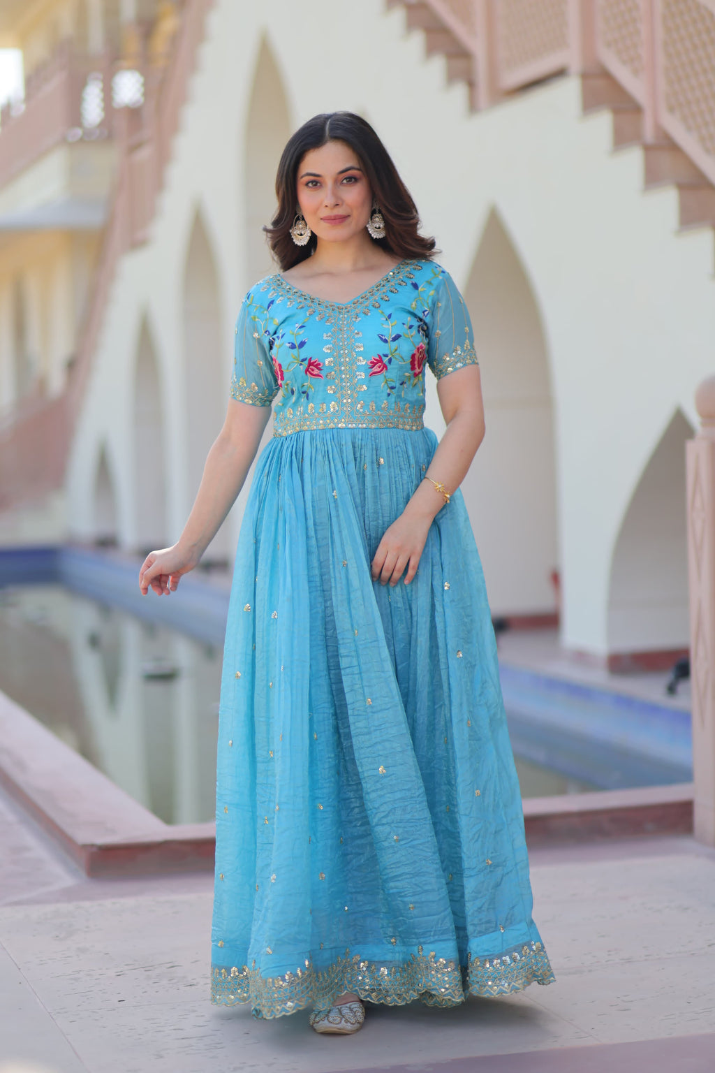 Sky Blue Gold Crush Multi Thread Embroidery Gown with Sequins