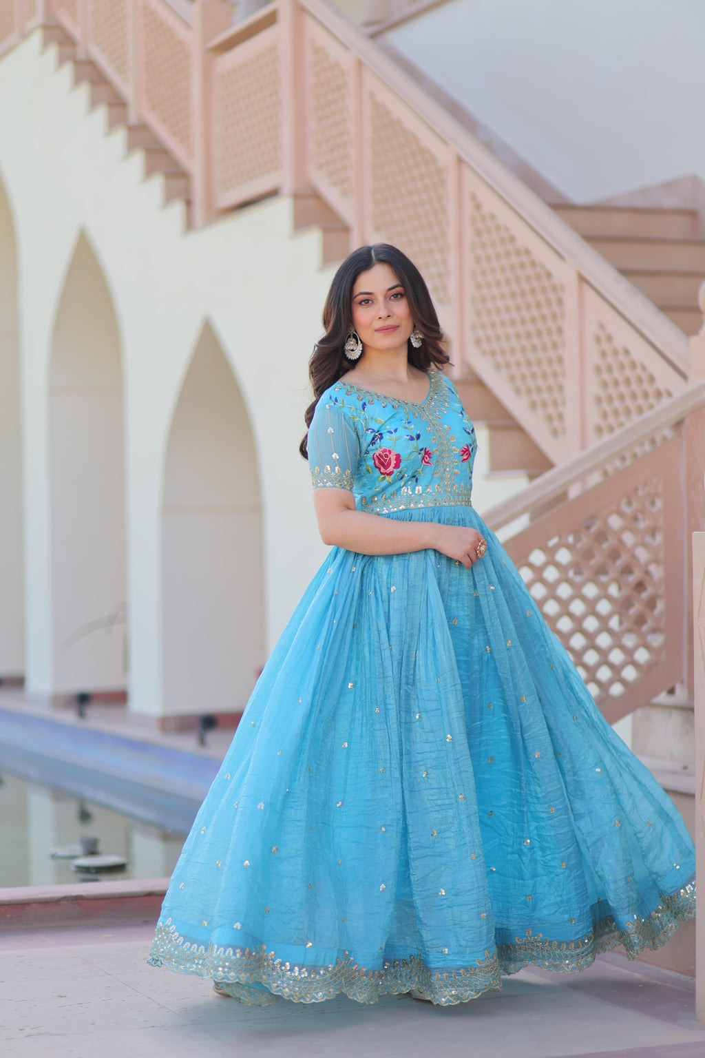 Sky Blue Gold Crush Multi Thread Embroidery Gown with Sequins