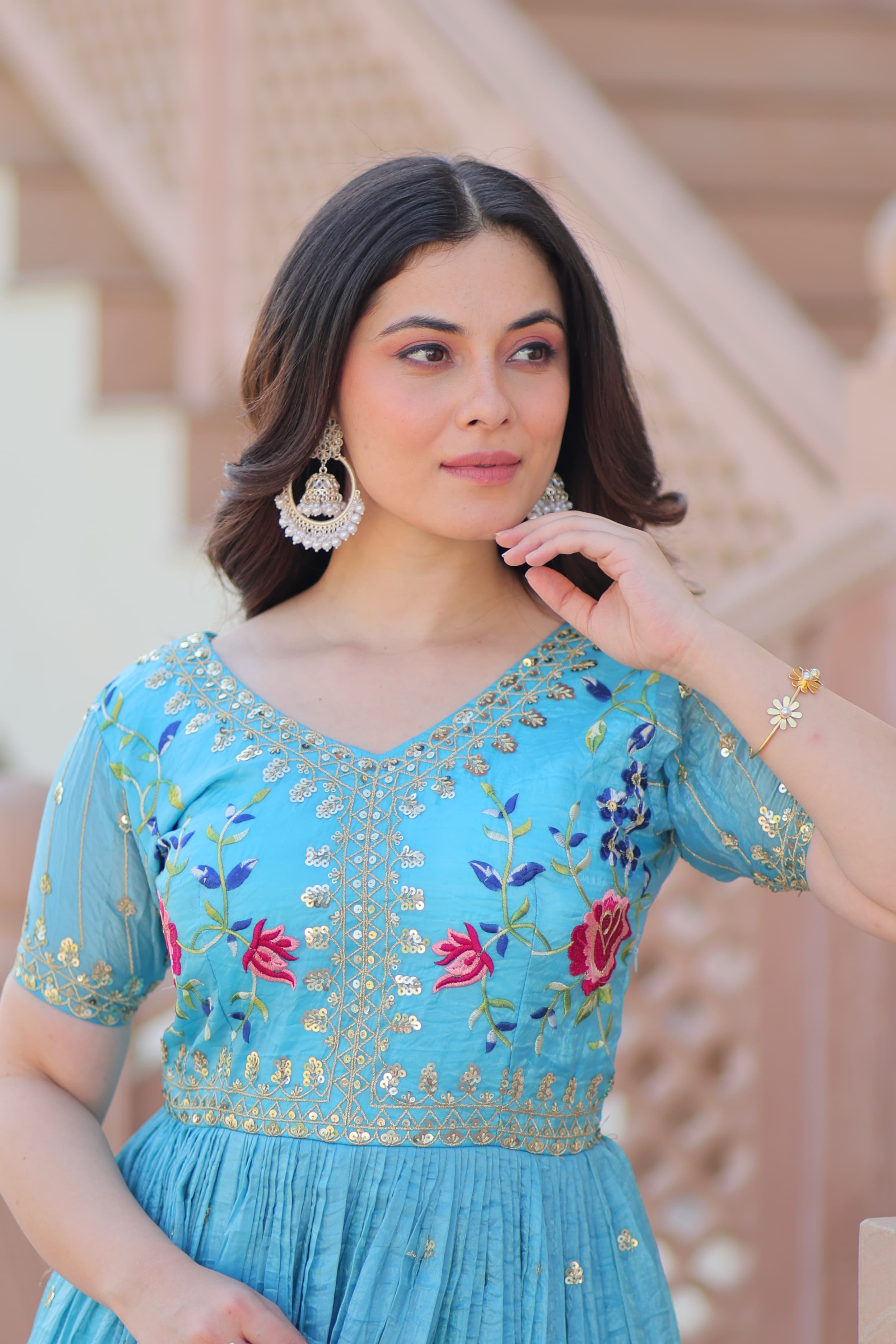 Sky Blue Gold Crush Multi Thread Embroidery Gown with Sequins