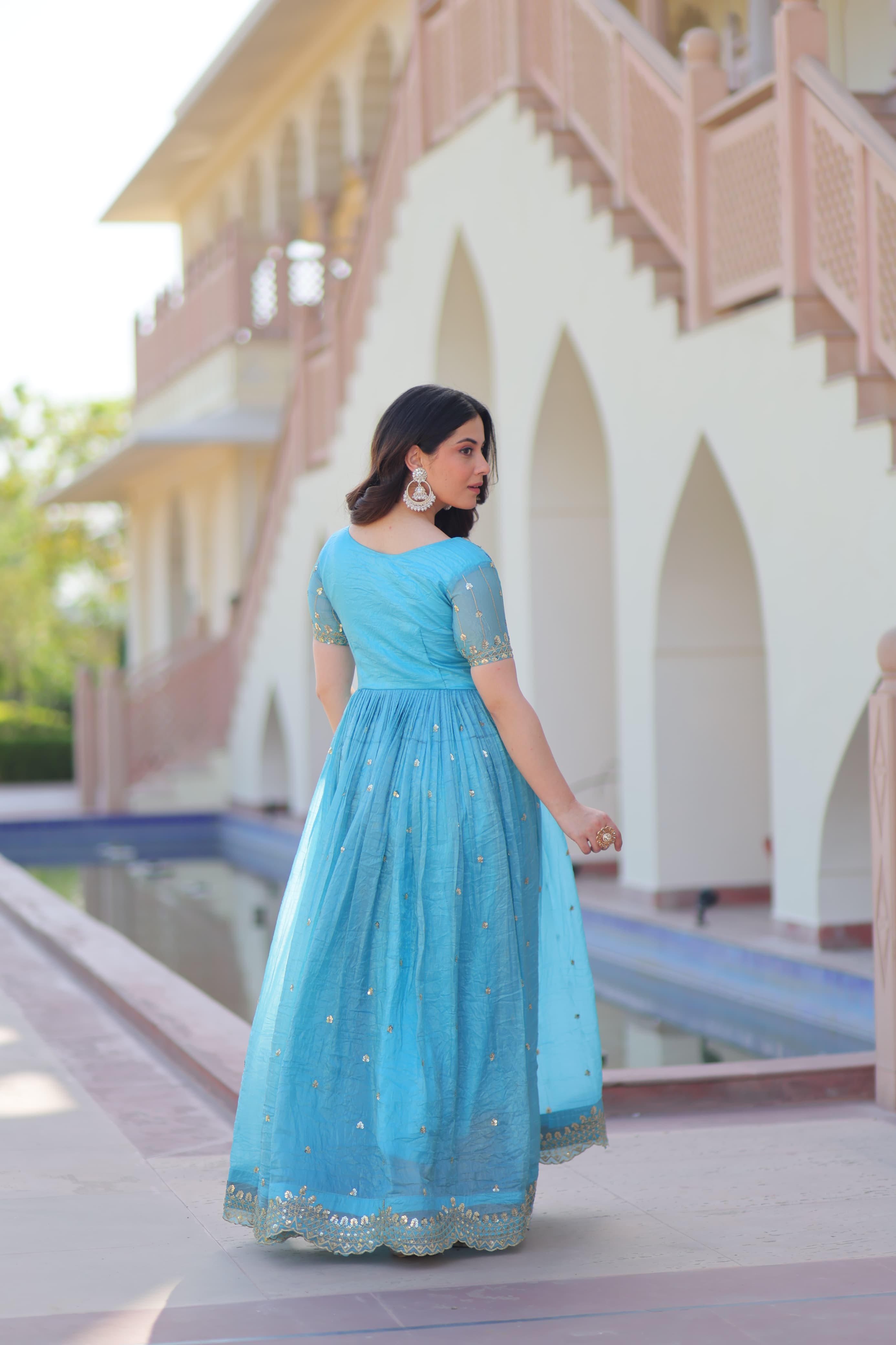 Sky Blue Gold Crush Multi Thread Embroidery Gown with Sequins